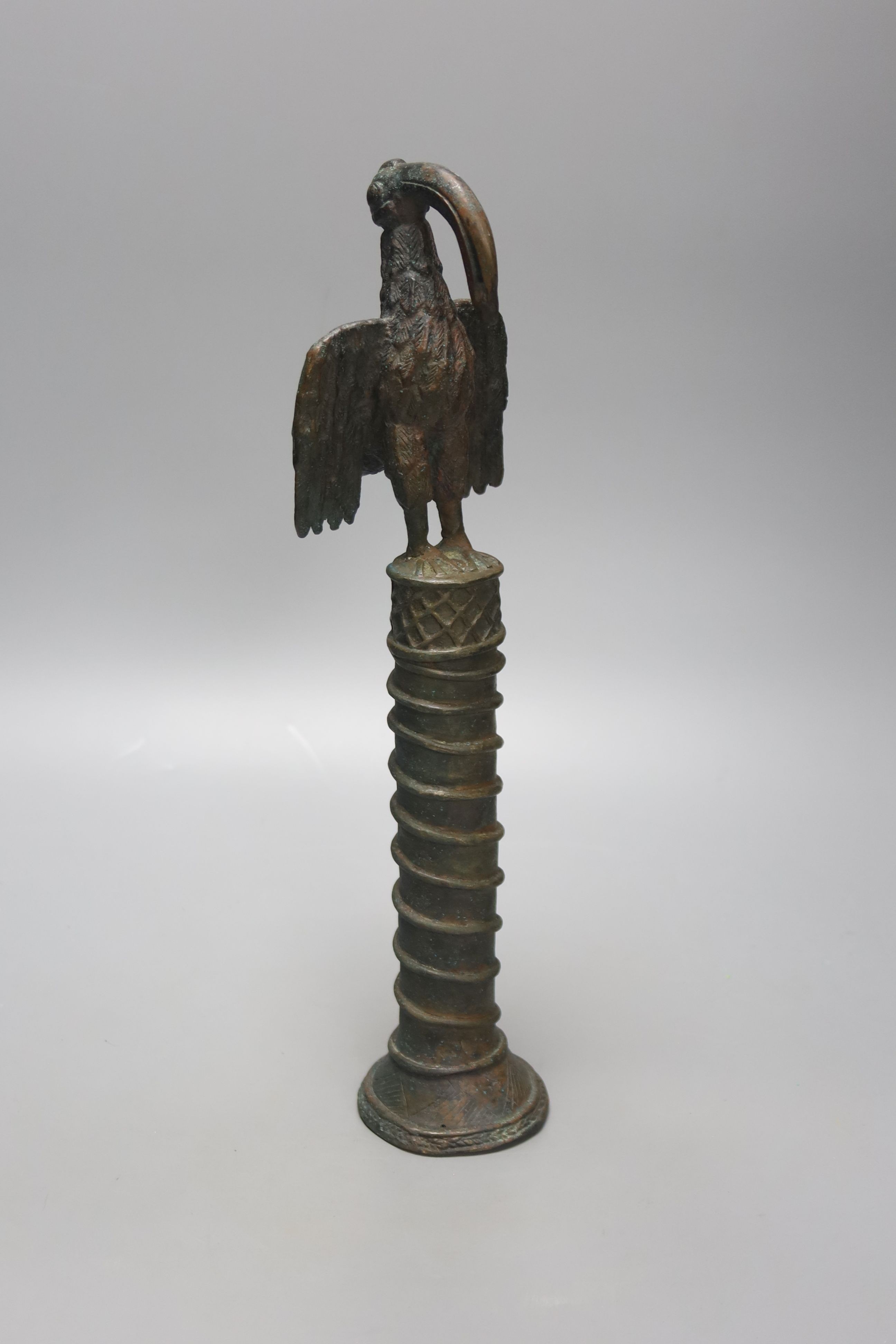 A Benin style bronze Bird of Paradise staff, height 36cm